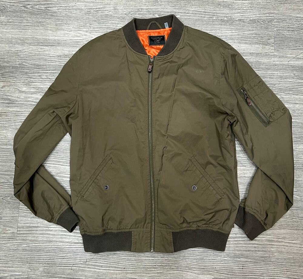 7Diamonds Bomber Jacket Mens XL Olive Green Flight Utility MA-1 Military Orange